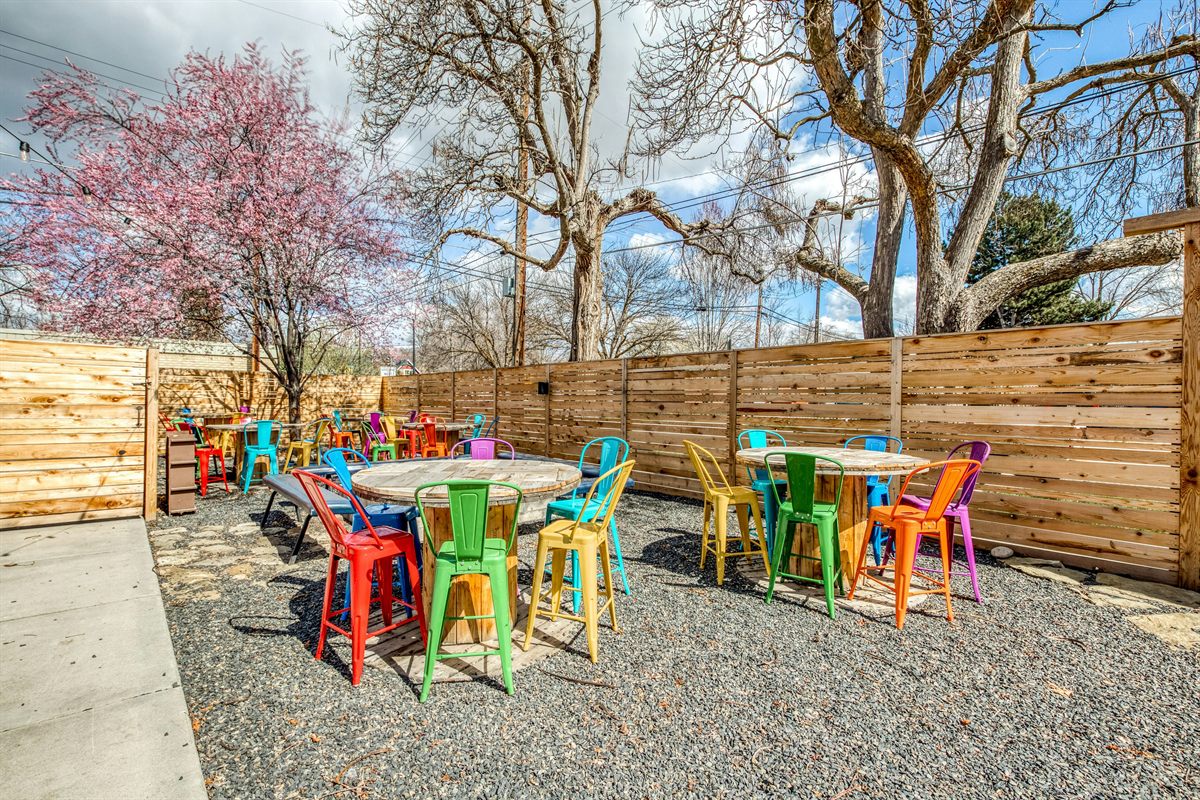 Colorful outdoor patio with metal chairs under shade trees