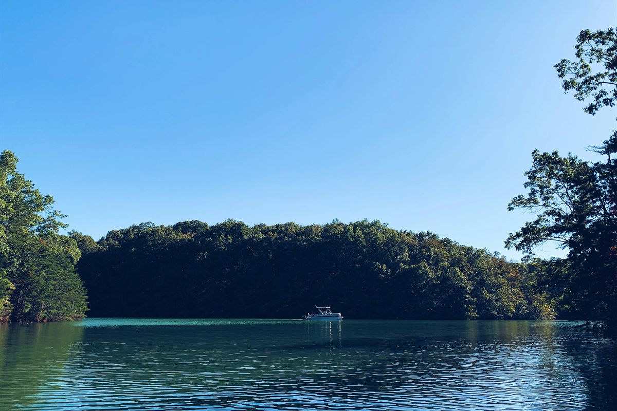 Pontoon boat on a quiet wooded lake under blue sky